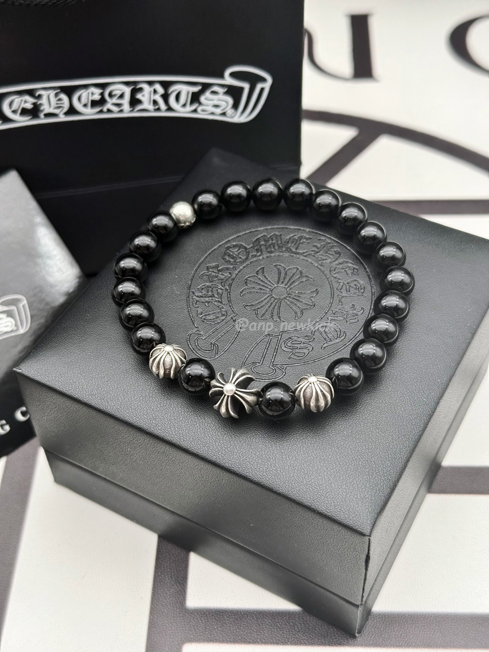 Chrome Hearts Obsidian Cross Flower Silver Ball Bracelet (4) - www.newkick.org